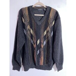 Vtg‎ Cotton Traders Sweater L Gray Wool Blend Coogi Style Biggie Cosby Grandpa